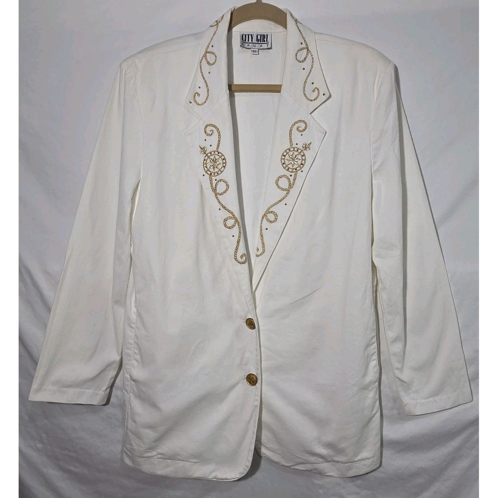 90s City Girl Sport Blazer‎ Gold Embroidery Trim Sz 12 Nautical Coastal Grandma